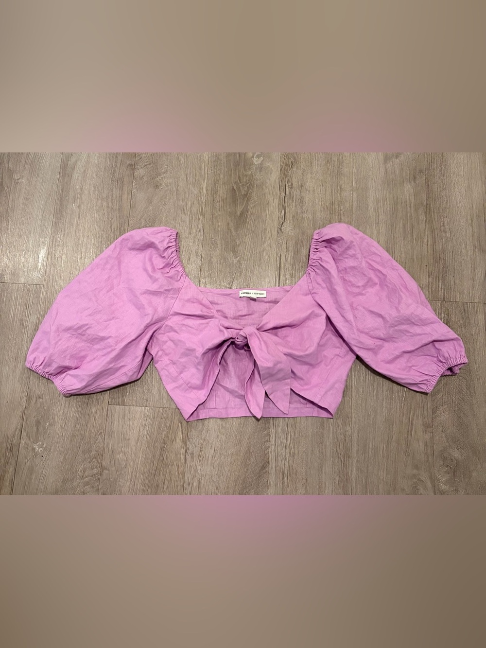 Express Lilac Tie-Front Puff Sleeve Crop Top